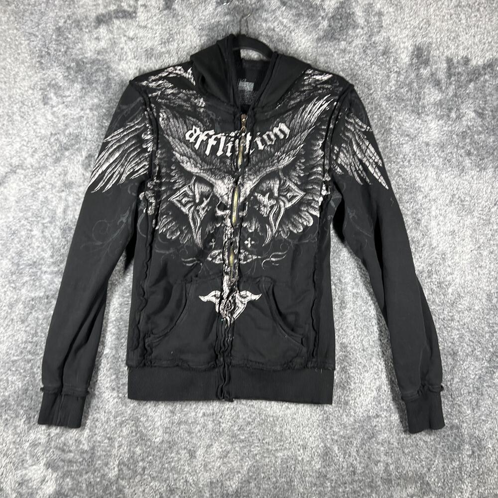 Affliction Jacket Womens L Black Hooded Full Zip Wings Logo French Terry